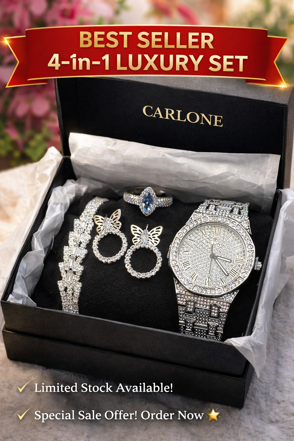💎 Luxury Silver Jewelry & Watch Gift Set 💎